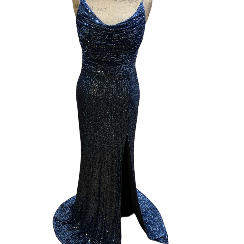 Blue Sequin Dress, Rhinestone On Straps, High Slit, Waist 30, waist to hem 44.